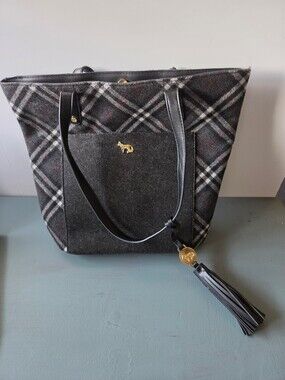 Emma Fox Plaid with look of Wool - Felt Tote Bag Fox Logo Tassel